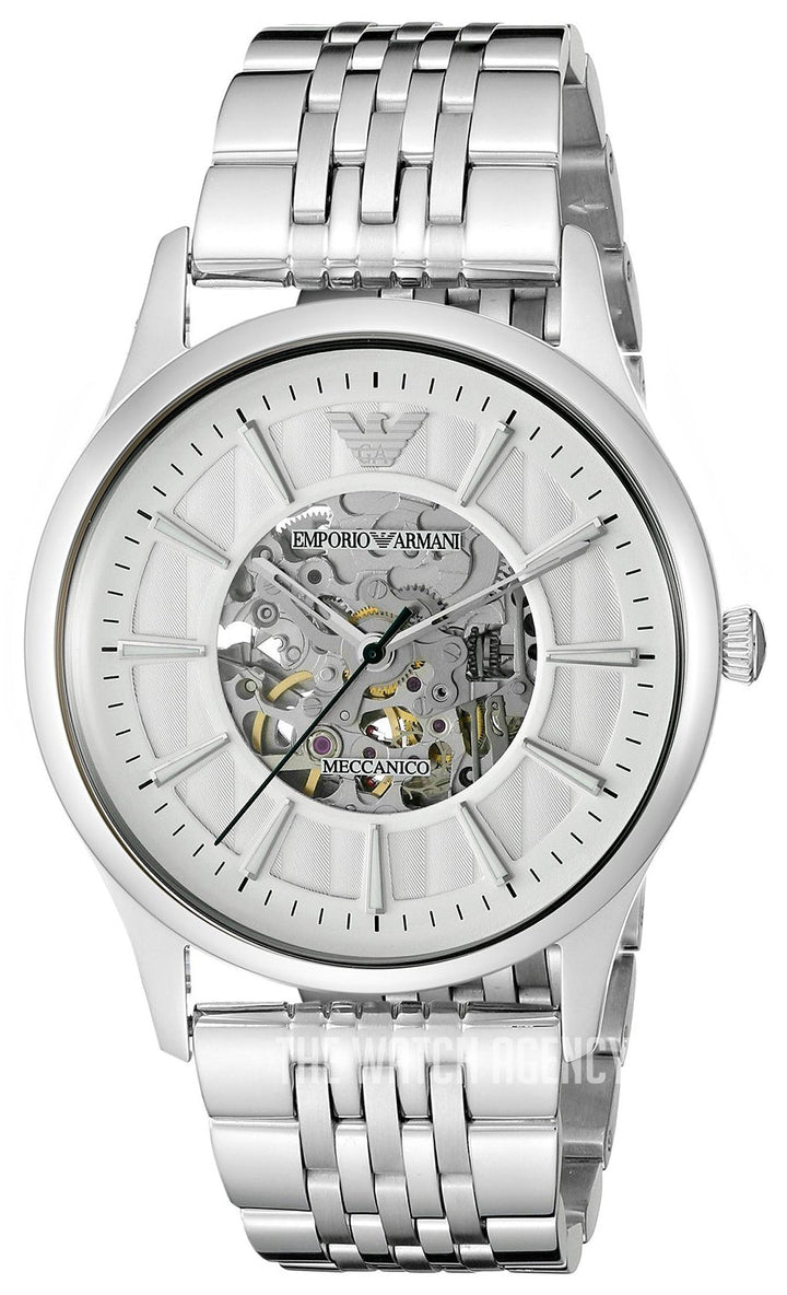 Emporio Armani Meccanico Skeleton Silver Dial Silver Steel Strap Watch For Men - AR1945