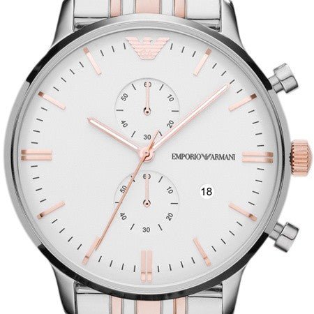 Emporio Armani Chronograph White Dial Two Tone Steel Strap Watch For Men - AR0399