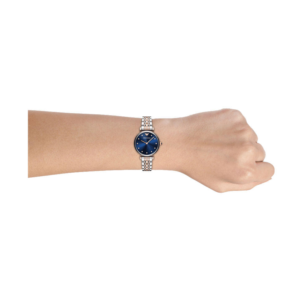Emporio Armani Gianni T Bar Crystal Blue Dial Two Tone Steel Strap Watch For Women - AR11092