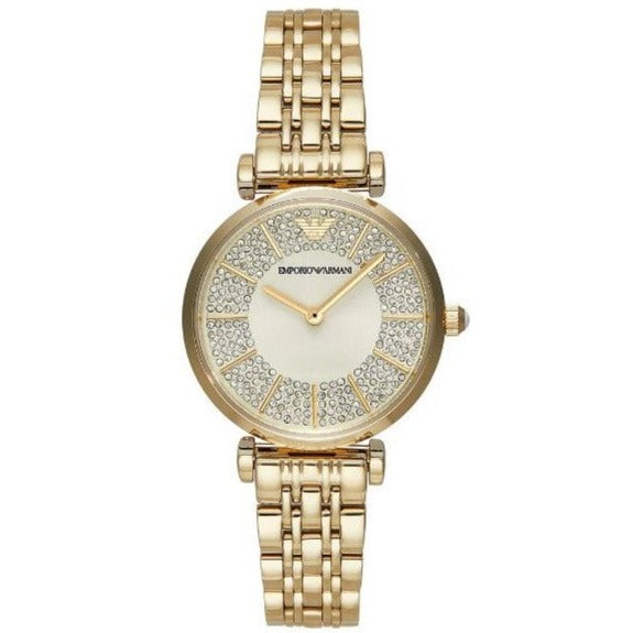 Emporio Armani Gianni T Bar Analog Crystals Gold Dial Gold Steel Strap Watch For Women - AR11608