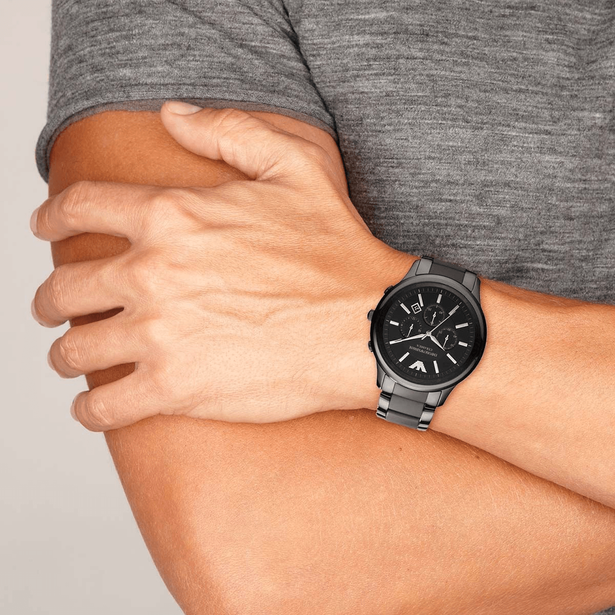 Emporio Armani Ceramica Chronograph Black Dial Black Steel Strap Watch For Men - AR1451