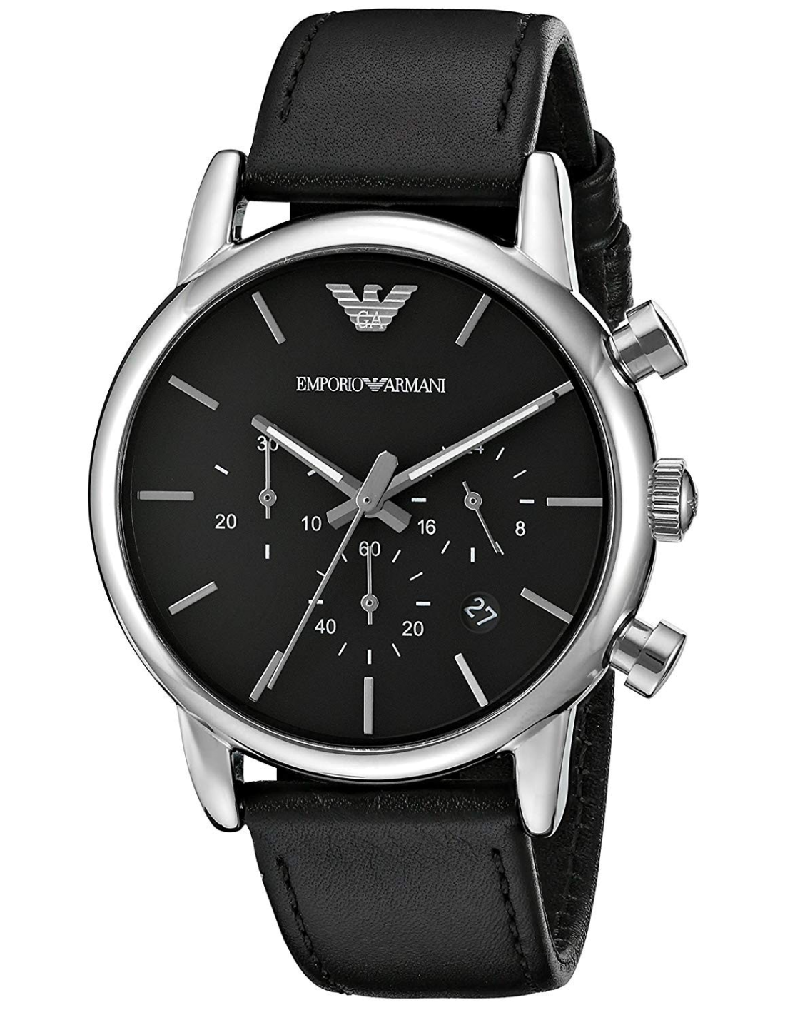 Emporio Armani Classic Chronograph Black Dial Black Leather Strap Watch For Men - AR1733