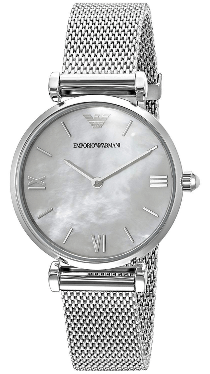 Emporio Armani Gianni T Bar Mother of Pearl Dial Silver Steel Strap Watch For Women - AR1955