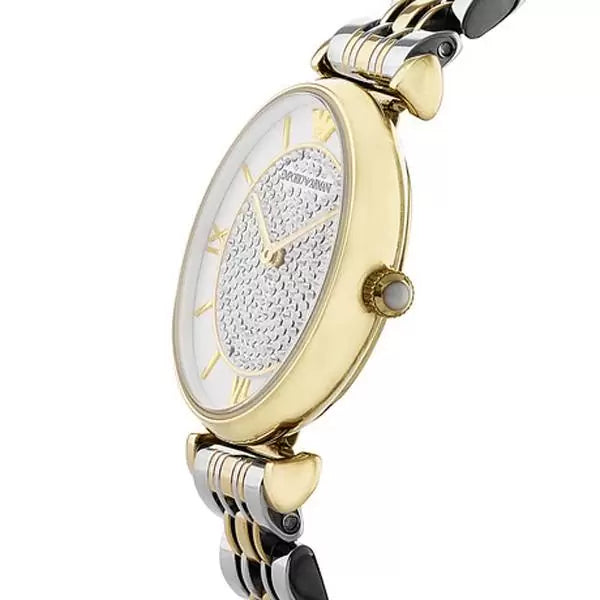 Emporio Armani Gianni T Bar Analog White Dial Two Tone Steel Strap Watch For Women - AR2076