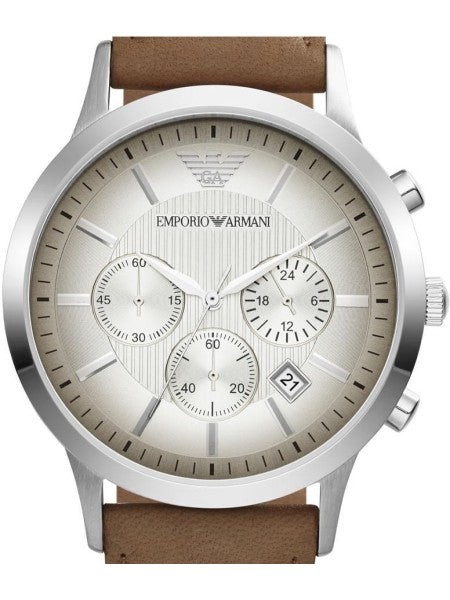 Emporio Armani Classic Chronograph Silver Dial Brown Leather Strap Watch For Men - AR2471