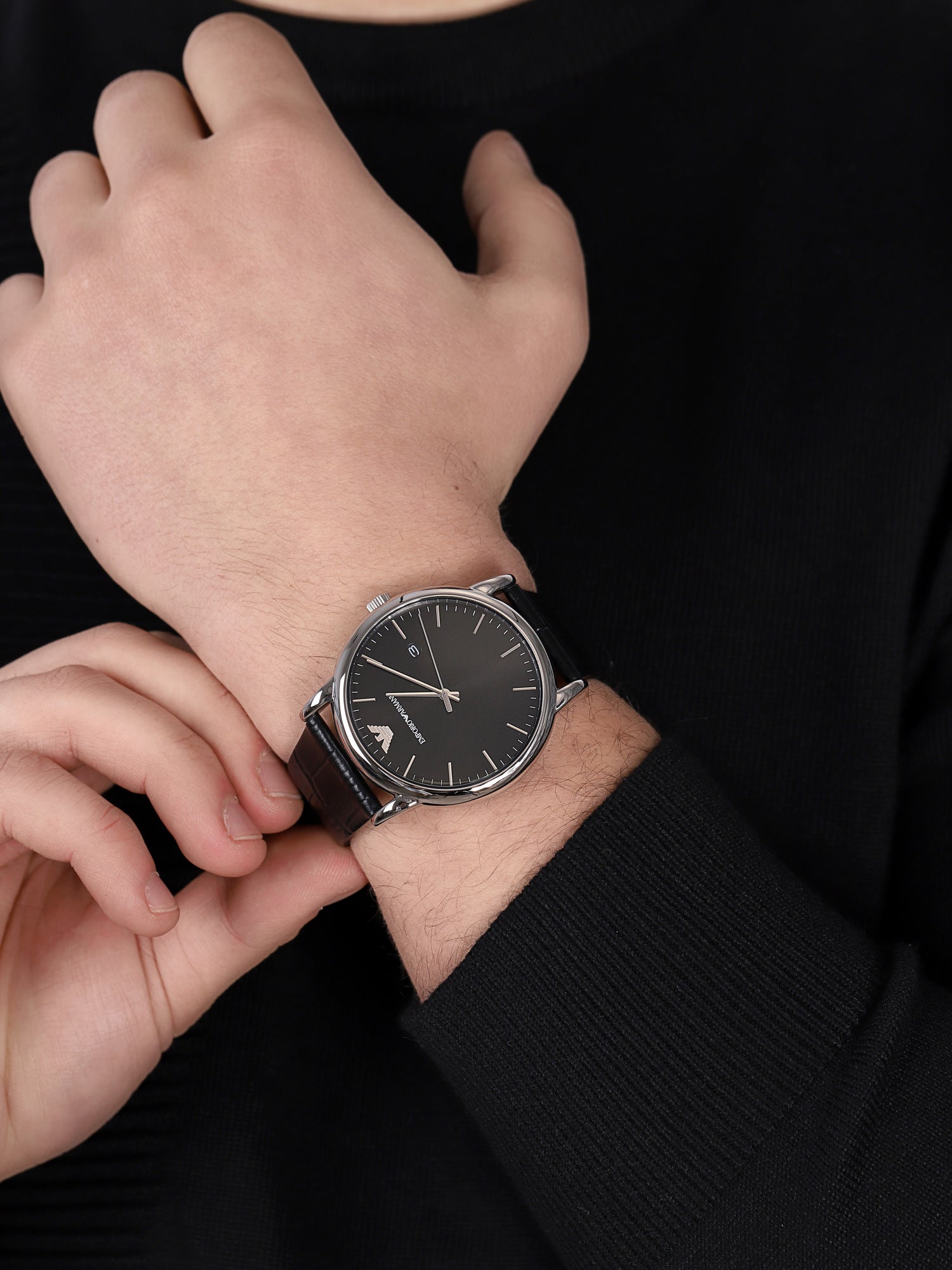 Emporio Armani Luigi Quartz Black Dial Black Leather Strap Watch For Men - AR2500