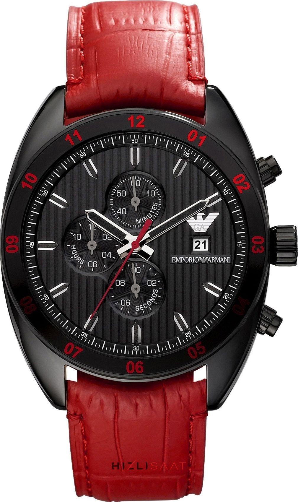 Emporio Armani Sportivo Chronograph Black Dial Red Leather Strap Watch For Men - AR5918