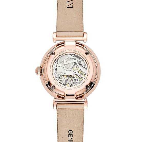 Emporio Armani Meccanico Silver Skeleton Dial Beige Leather Strap Watch For Women - AR60001