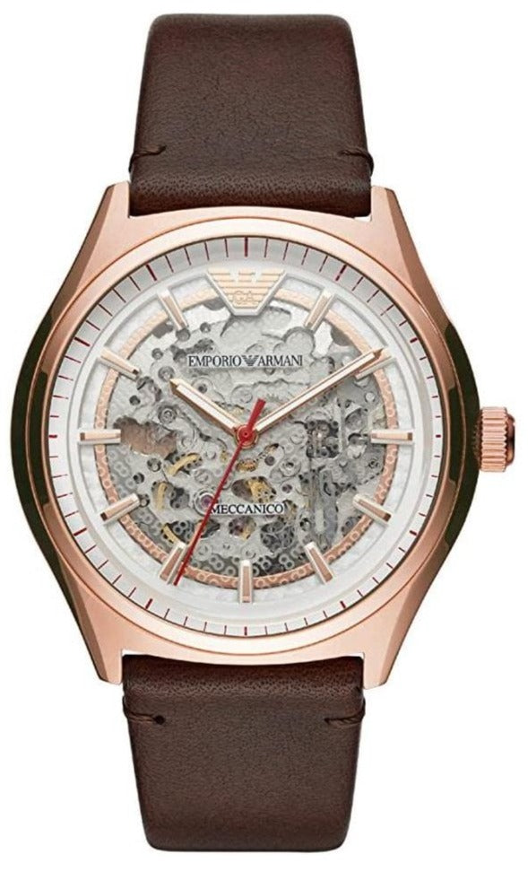 Emporio Armani Meccanico White Skeleton Dial Brown Leather Strap Watch For Men - AR60005