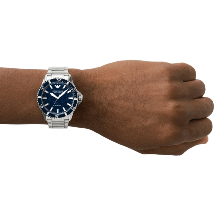 Emporio Armani Meccanico Automatic Blue Dial Silver Steel Strap Watch For Men - AR60059