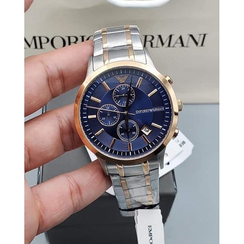 Emporio Armani Renato Chronograph Blue Dial Two Tone Steel Strap Watch For Men - AR80025