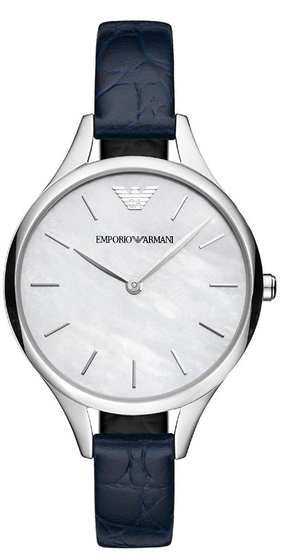 Emporio Armani Aurora Quartz Mother Of Pearl White Dial Blue Leather Strap Watch For Women - AR11090