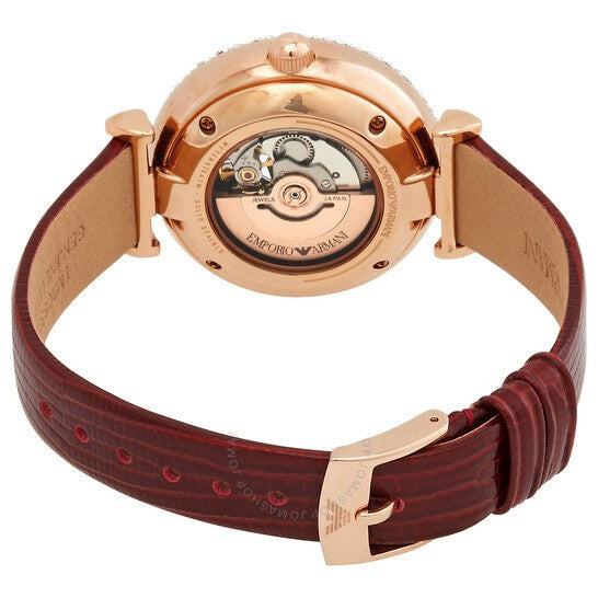 Emporio Armani Meccanico Automatic Silver Dial Burgundy Leather Strap Watch For Women - AR60044