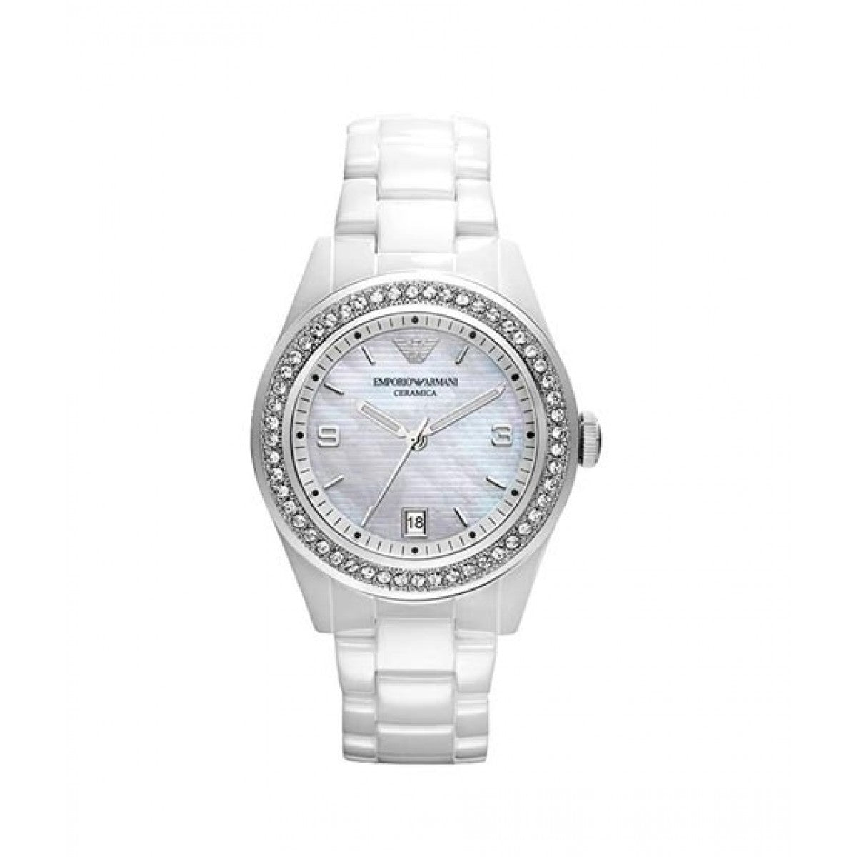 Emporio Armani Ceramica White Mother of Pearl Dial Stainless Steel Strap Watch For Women - AR1426