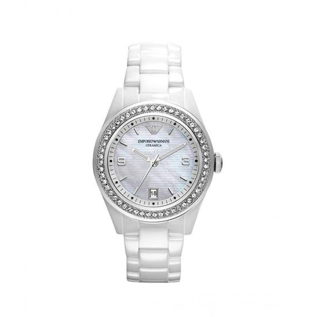 Emporio Armani Ceramica White Mother of Pearl Dial Stainless Steel Strap Watch For Women - AR1426