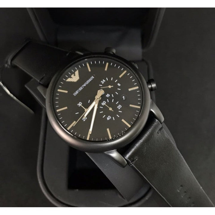 Emporio Armani Dress Chronograph Black Dial Black Leather Strap Watch For Men - AR1918