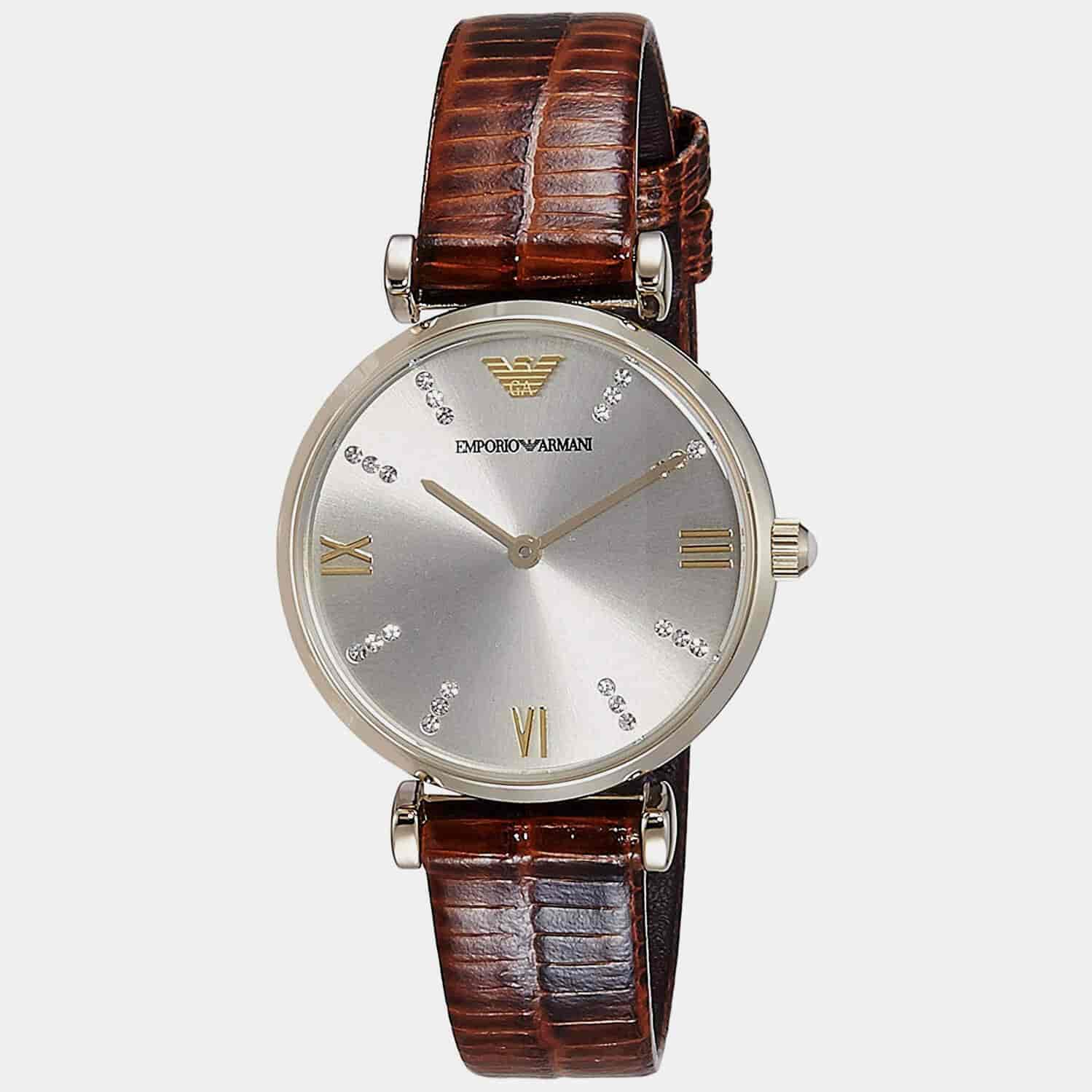 Emporio Armani Gianni T Bar Beige Dial Brown Leather Strap Watch For Women - AR1883