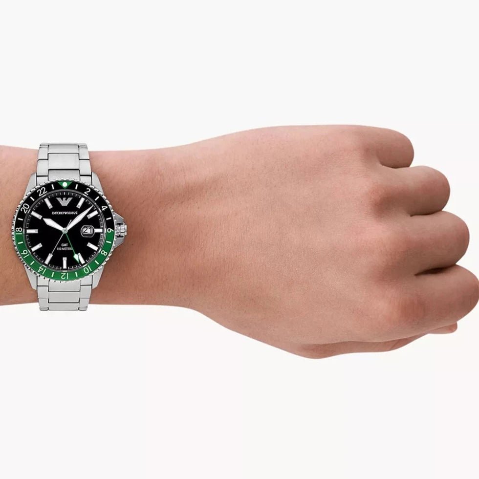 Emporio Armani Sea Explorer GMT Quartz Black Dial Silver Steel Strap Watch For Men - AR11589