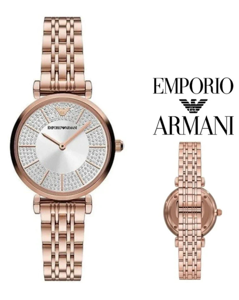 Emporio Armani Gianni T-Bar Crystals Silver Dial Rose Gold Steel Strap Watch For Women - AR11446