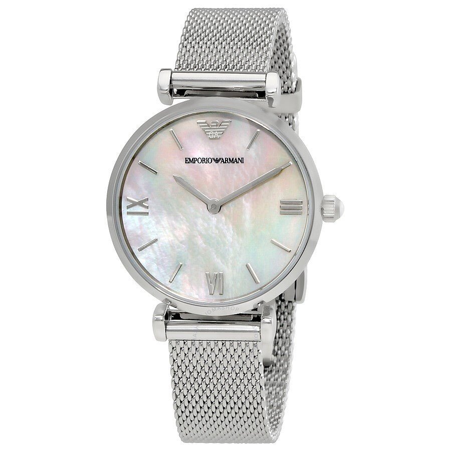 Emporio Armani Gianni T Bar Mother of Pearl Dial Silver Steel Strap Watch For Women - AR1955