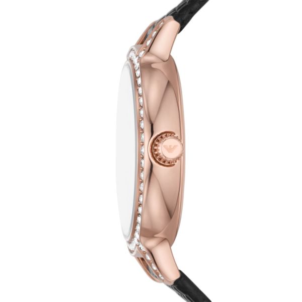 Emporio Armani Cleo Three-Hand Mother of Pearl Dial Black Leather Strap Watch For Women - AR11485