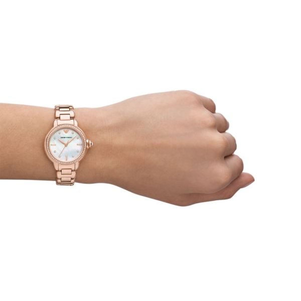 Emporio Armani Aira Three Hand Mother of Pearl Dial Rose Gold Steel Strap Watch For Women - AR11523