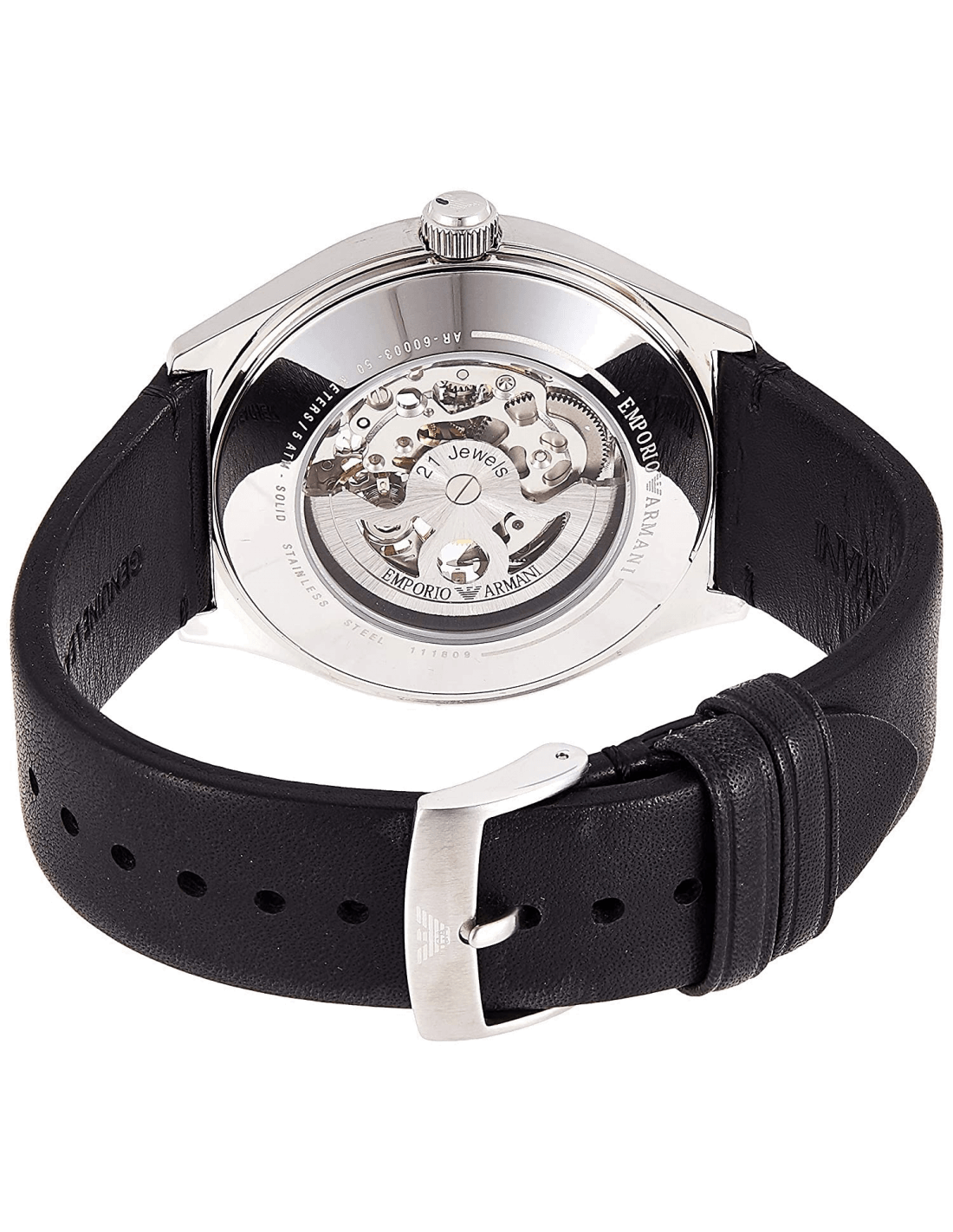 Emporio Armani Meccanico White Skeleton Dial Black Leather Strap Watch For Men - AR60003