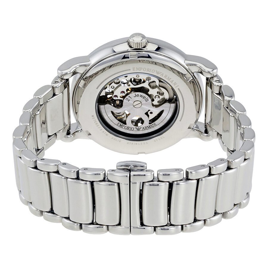 Emporio Armani Meccanico Skeleton Silver Dial Silver Steel Strap Watch For Men - AR1980