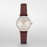 Emporio Armani Gianni T-Bar Quartz Silver Dial Brown Leather Strap Watch For Women - AR11061