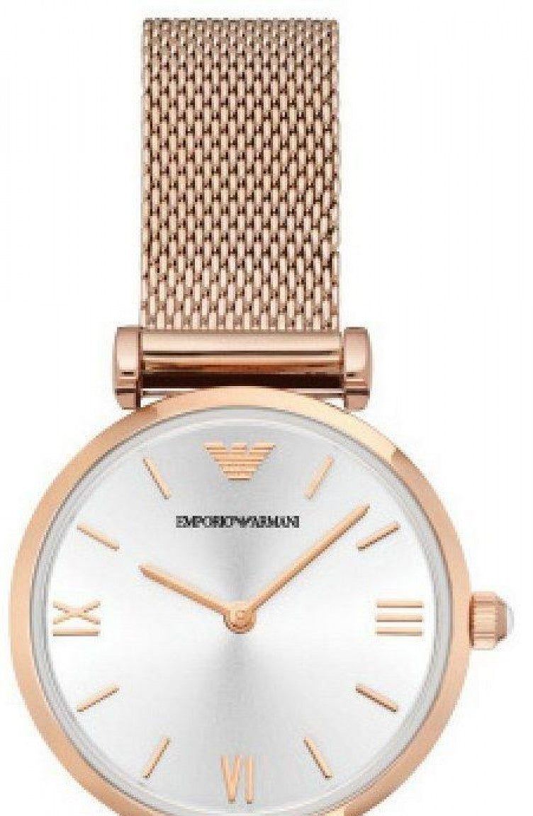 Emporio Armani Gianni T Bar Silver Dial Rose Gold Mesh Bracelet Watch For Women - AR1956