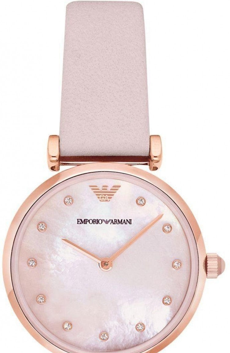 Emporio Armani Gianni T Bar Mother Of Pearl Pink Dial Pink Leather Strap Watch For Women - AR1958