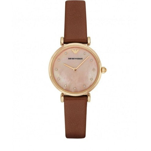 Emporio Armani Gianni T Bar Quartz Pink Mother of Pearl Dial Brown Leather Strap Watch For Women - AR1960