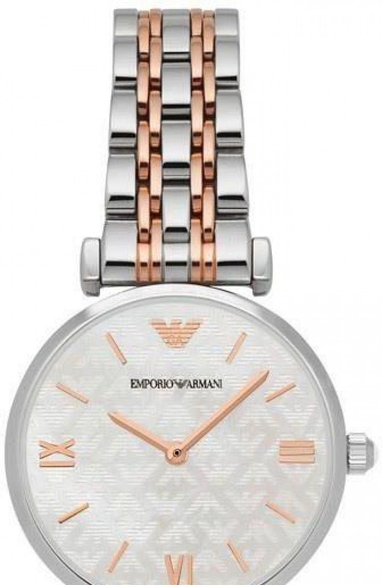 Emporio Armani Gianni T-Bar Mother of Pearl Dial Two Tone Steel Strap Watch For Women - AR1987