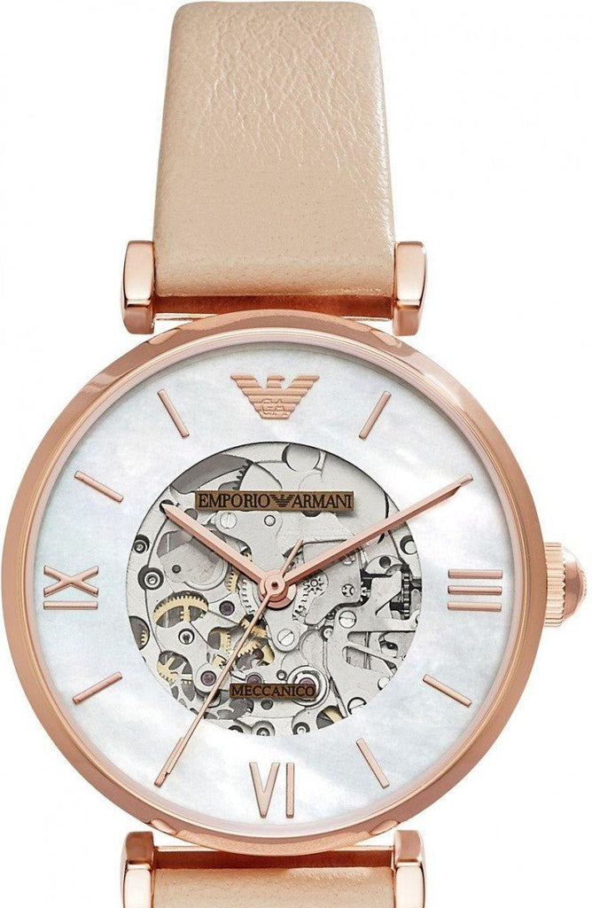Emporio Armani Meccanico Silver Skeleton Dial Beige Leather Strap Watch For Women - AR60001