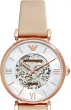 Emporio Armani Meccanico Silver Skeleton Dial Beige Leather Strap Watch For Women - AR60001