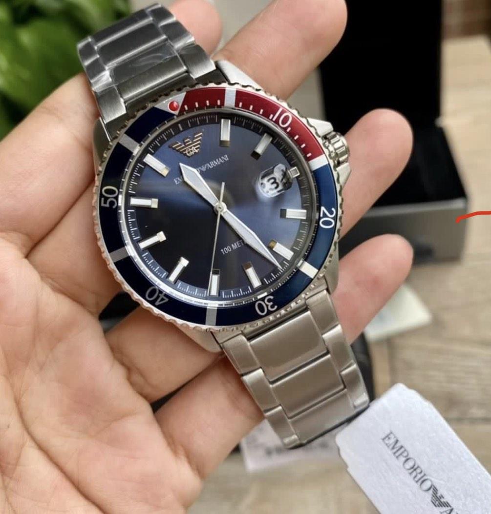 Emporio Armani Diver Quartz Blue Dial Silver Steel Strap Watch For Men - AR11339