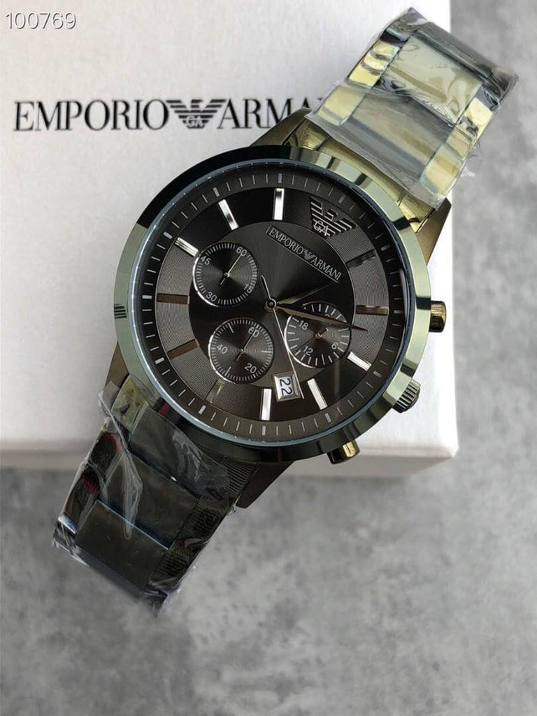 Emporio Armani Renato Chronograph Quartz Grey Dial Green Steel Strap  Watch For Men - AR11117