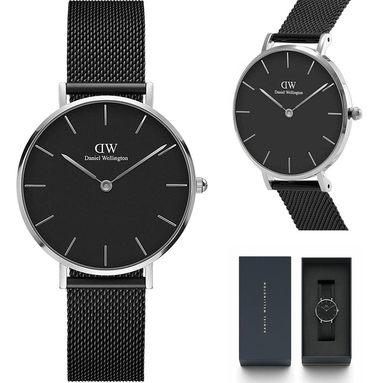Daniel Wellington Petite Ashfield Black Dial Black Mesh Strap Watch For Women - DW00100202