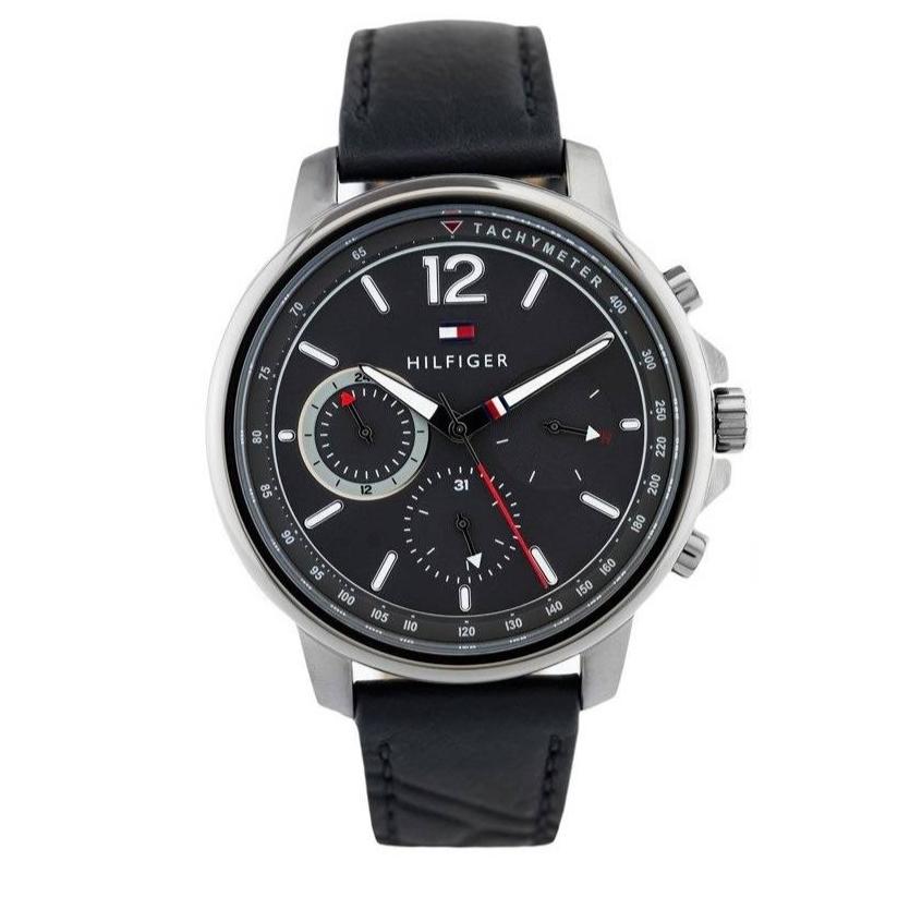 Tommy Hilfiger London Chronograph Grey Dial Black Leather Strap Watch for Men - 1791533