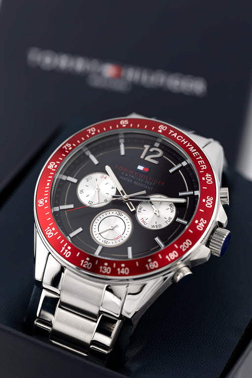 Tommy Hilfiger Luke Chronograph Black Dial Silver Steel Strap Watch for Men - 1791122