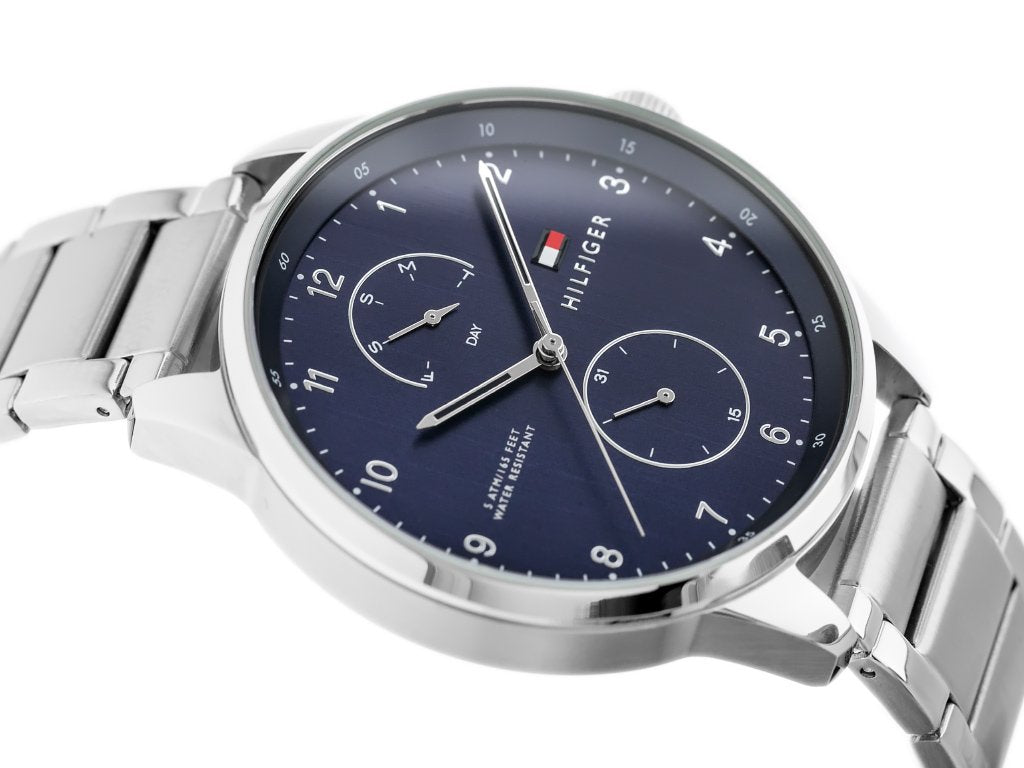 Tommy Hilfiger Chase Multifunction Blue Dial Silver Steel Strap Watch for Men - 1791575