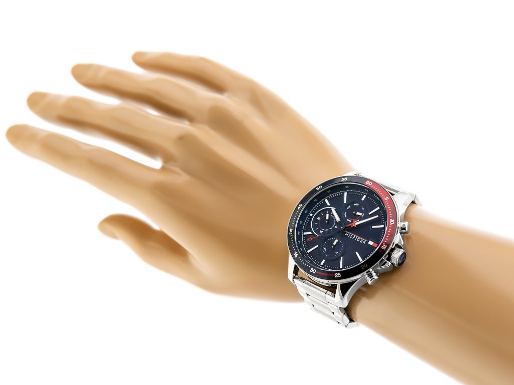 Tommy Hilfiger Bank Chronograph Blue Dial Silver Steel Strap Watch for Men - 1791718