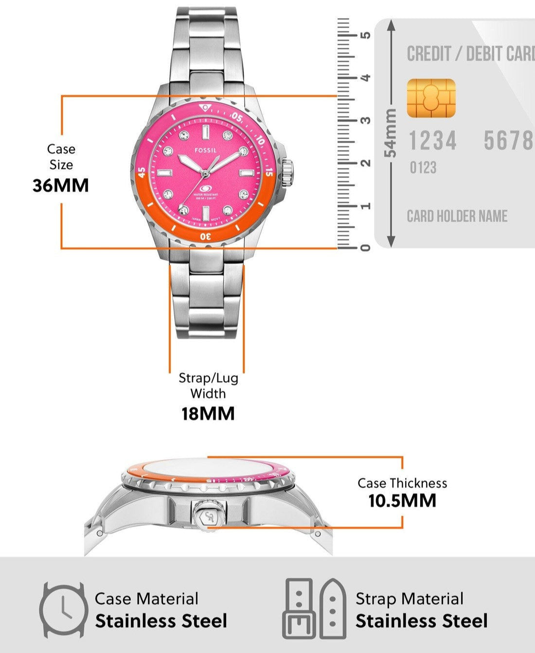 Fossil Blue Dive Analog Pink Dial Silver Steel Strap Watch For Women - ES5351