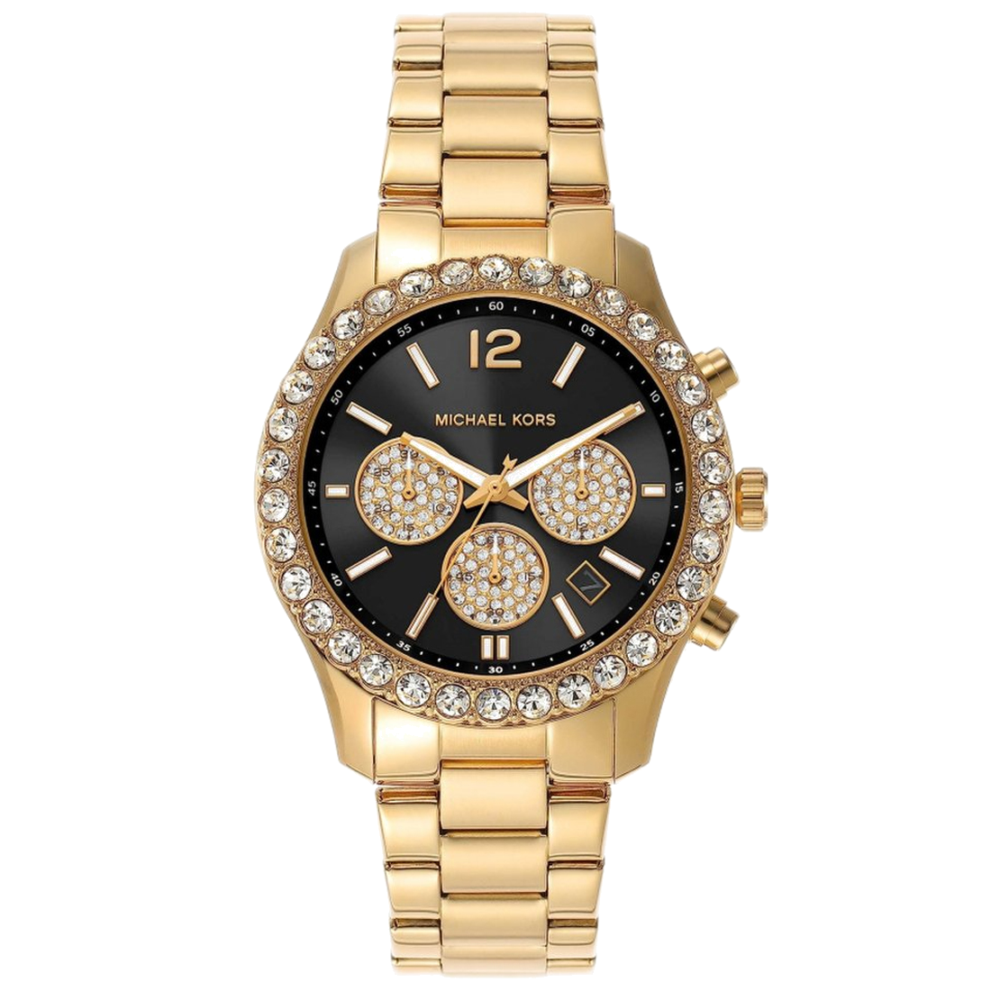 Michael Kors Berkley Chronograph Black Dial Gold Steel Strap Watch For Women - MK7414