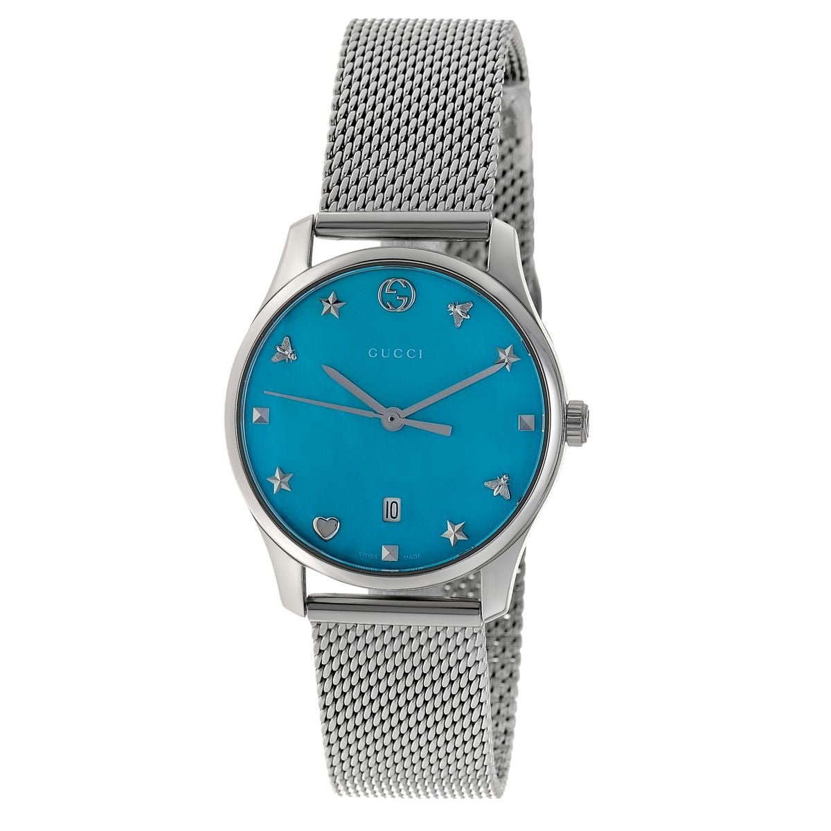 Gucci G-Timeless Turquoise Mother of Pearl Dial Silver Mesh Bracelet Watch For Women - YA126582