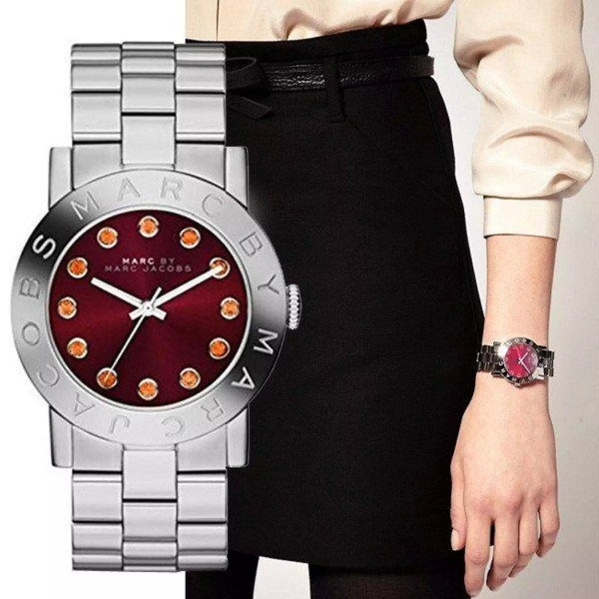 Marc Jacobs Amy Red Dial Silver Steel Strap Watch for Women - MBM3335