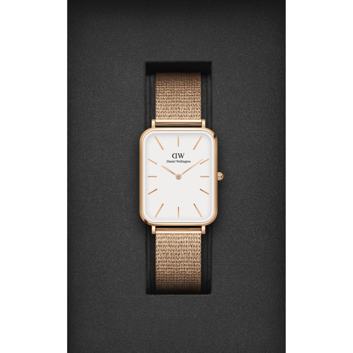 Daniel Wellington Quadro Pressed Melrose White Dial Rose Gold Mesh Strap Watch For Women - DW00100465