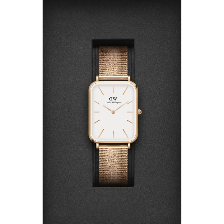 Daniel Wellington Quadro Pressed Melrose White Dial Rose Gold Mesh Strap Watch For Women - DW00100465