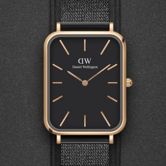 Daniel Wellington Quadro Pressed Ashfield Black Dial Black Mesh Strap Watch for Women - DW00100467