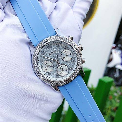 Guess Confetti Crystal Silver Dial Blue Rubber Strap Watch For Women - W1098L3